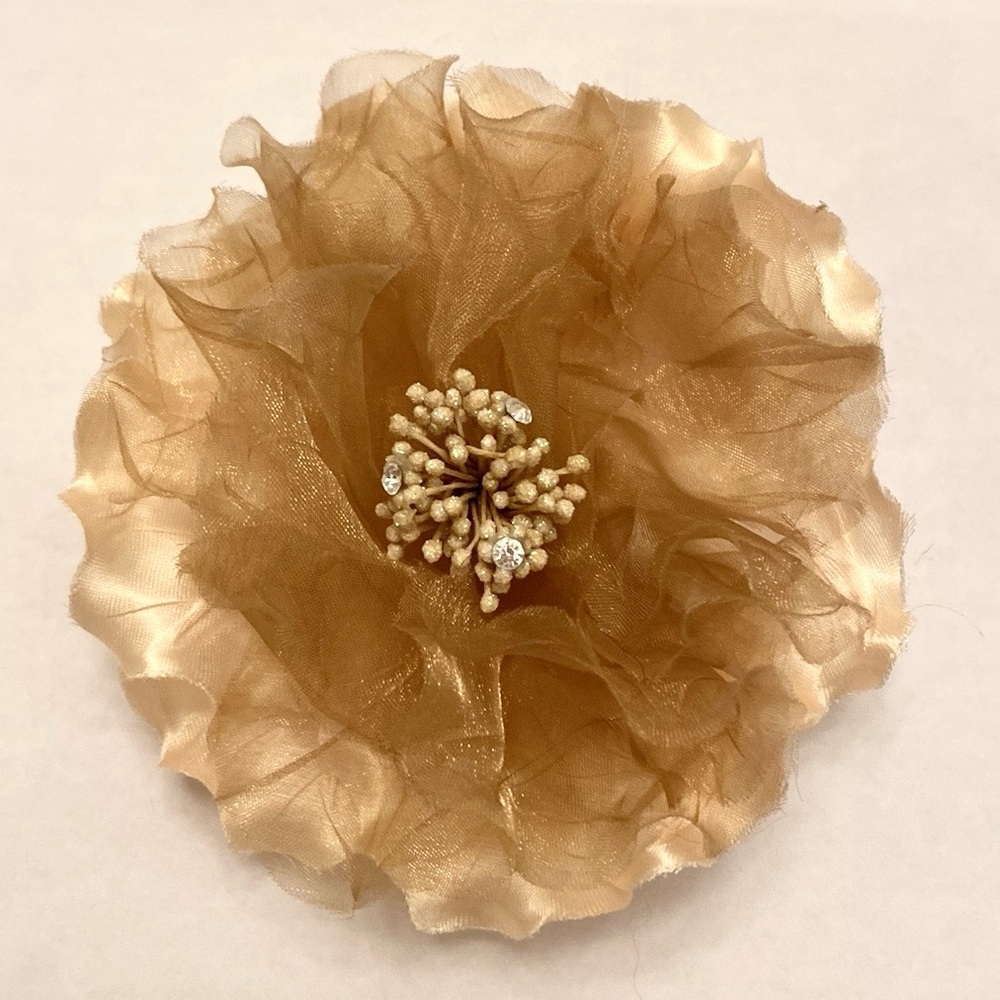 Gold Bronze Shimmer Organza Bedazzled Dressy Flower Hair Clip & Pin